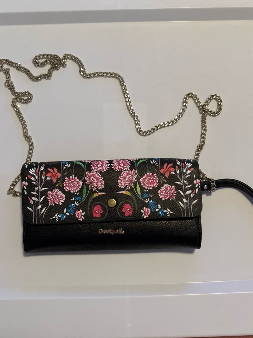 Desigual Floral Whimsy Black Chain Crossbody Clutch